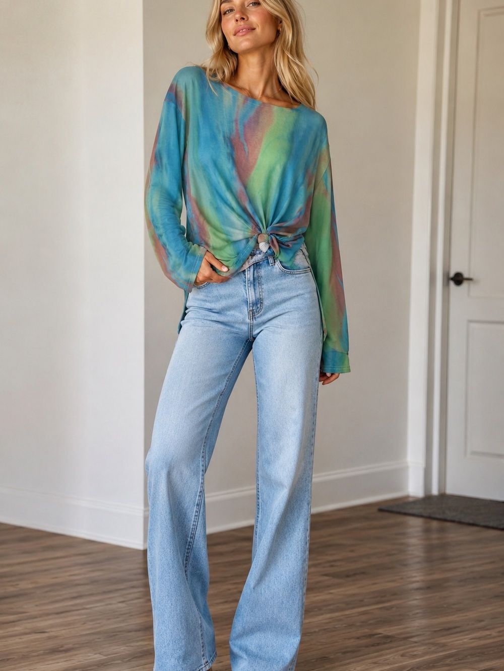 Tie-Dye Long-Sleeve Blouse in Blue and Green Tie-Dye Groovy!